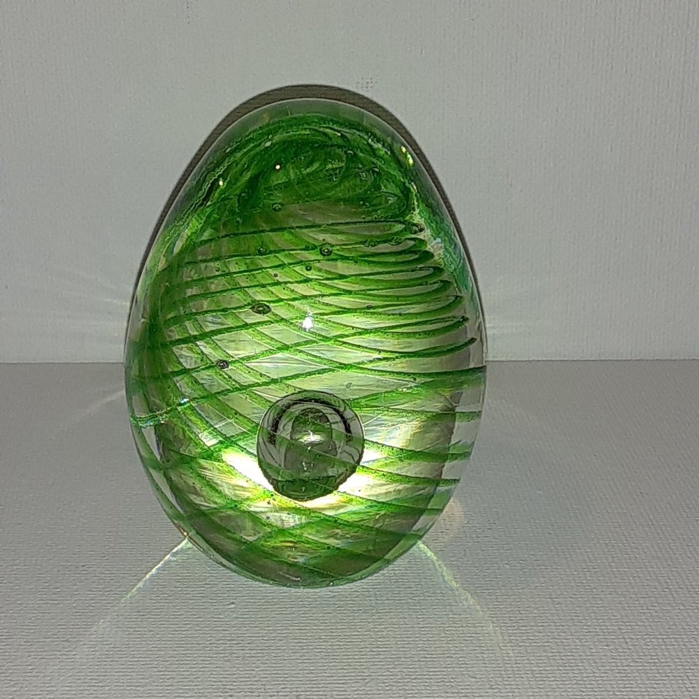 Lovely Green Striped  Hand Blown Art Glass Controlled Bubble Egg Paperweight